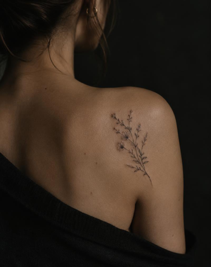 Fine Line tatuering på Skulderblad